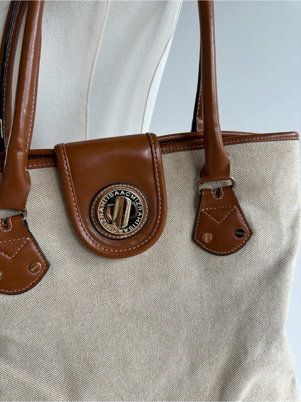 Isaac Mizrahi Beige Canvas Tote with Brown Faux Leather Trim - Picture 2 of 12